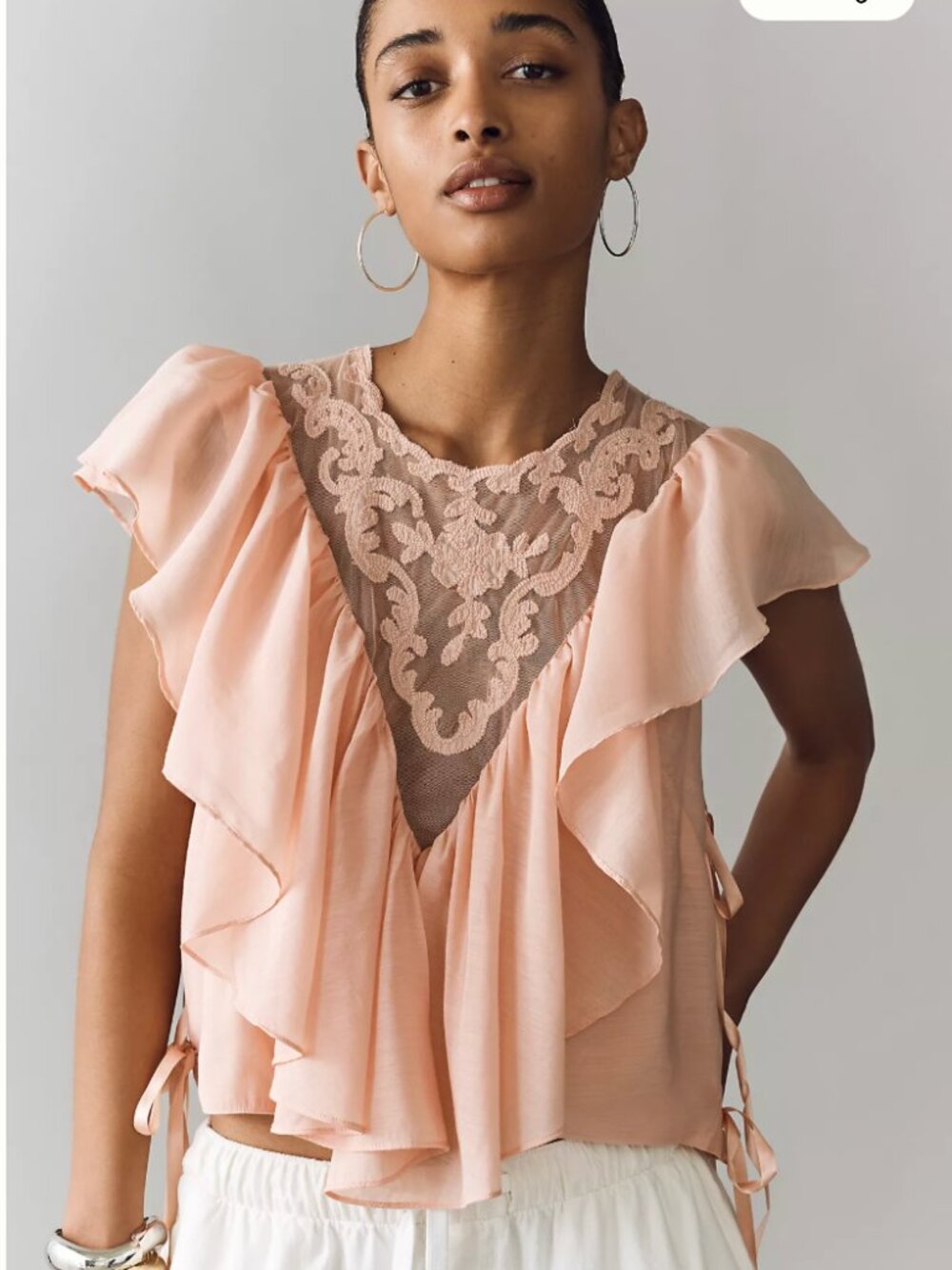 By Anthropologie Sheer Ruffle Lace Top – Peach Pink – Medium – NWT